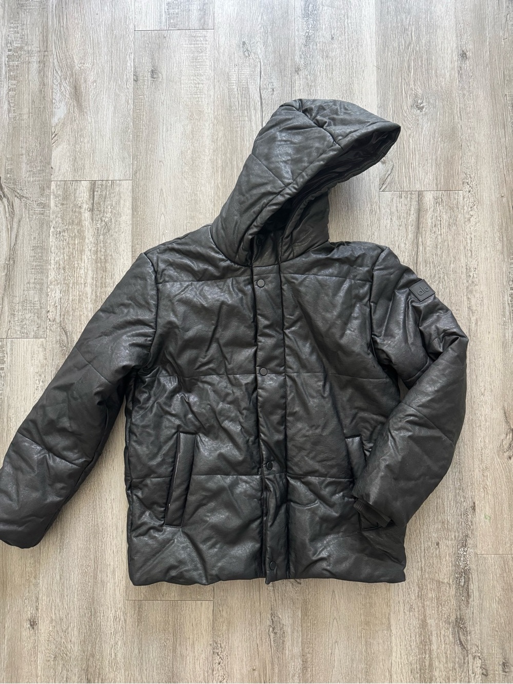 ALO Yoga Men's Hooded Quilted Leather Puffer Jacket - Black- one of a kind